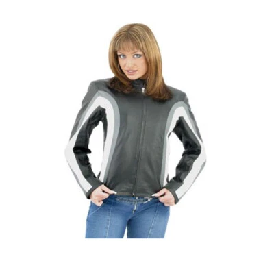 Women Black Classic Fit Motorcycle Biker Leather Gray & White Stripes Jacket - Image 1 of 2