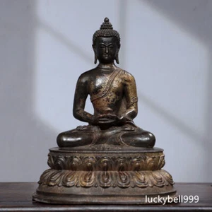 10" Antique Tibet Tibetan Buddhism temple Bronze gilt Shakyamuni Buddha statue - Picture 1 of 9