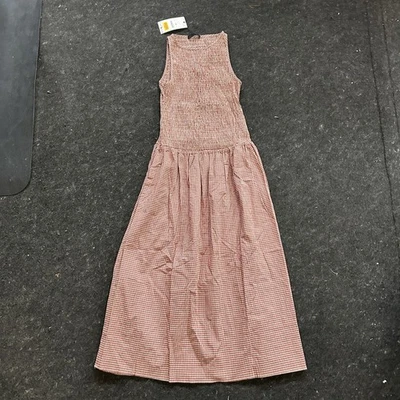 Платье женское Zara большое коричневое белое имбирь со сборками лиф без рукавов миди - Изображение 1 из 4