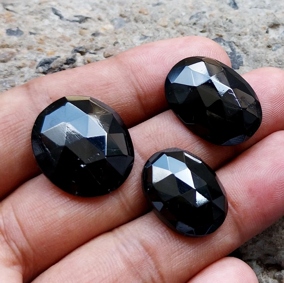 52 Ct 16x21 to 18.5x24 MM Natural Black Tourmaline Rose Cut Oval 3 Piece Lot - Image 1 of 4