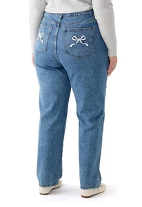 English Factory Damen Plus Denim bestickt Schleife gerades Bein Jeans Baumwolle 3X - Bild 1 von 16