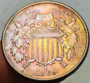 1869 Two Cent Piece 2C FULL MOTTO Civil War Era US Copper Coin CC27391 - Picture 1 of 7