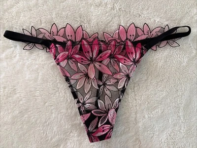 Victoria's Secret Panties V-String Thong Panty Black Pink Floral Applique Small - Image 1 of 4
