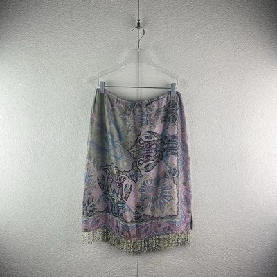 Poleci l 8 Boho Silk Paisley Drawstring Waist Beaded Fringe Side Split Hem Skirt - Image 1 of 4