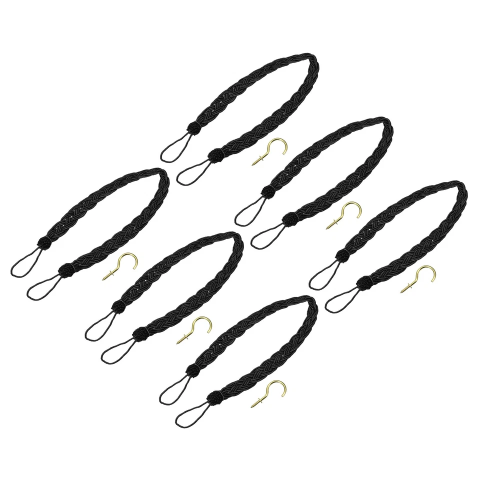6Pcs 23" Curtain Tiebacks Braid Drapery Holdback Holder with Hooks Black - Image 1 of 4