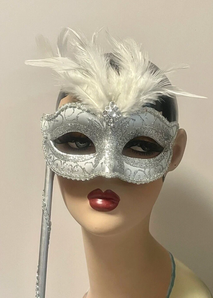 Authentic Venetian Face Mask Silver Fancy Dress Masquerade Handmade Real Feather - Image 1 of 4