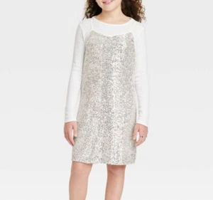 Girls' Long Sleeve 2 For 1 Silver Sequin Slip Dress Set art class XL, XXL - Picture 1 of 5