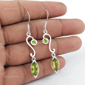 Peridot Stone Solid Silver August Wife Dangle Drop Elegant Hook Earrings Jewelry - Picture 1 of 5