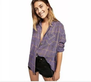 Free People Break My Stride Long Sleeve Plaid Buttondown Top Violet XS - Picture 1 of 10