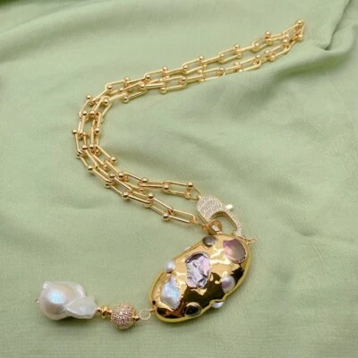 Collar Chapado en Oro Colgante Perla Barroca Blanca Perla Multicolor Agua Dulce Foto 1 de 4