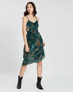 Lenni The Label Dress Size Large Green Firefly Burnout Slip Midi Velvet Flocking - Picture 1 of 14
