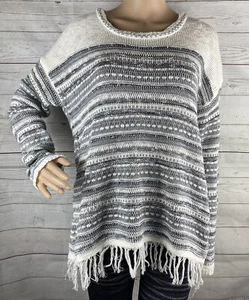 Natural Reflections Sweater Large Gray White Patterned Striped Fringe Knit Top - Picture 1 of 12
