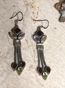 35. Vintage Sterling Silver 925 Multi Gemstone Dangle Hook Earrings 12.5g, 65mm - Picture 1 of 22