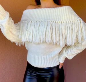 Blue B Size M & L Womens Fringe Ivory off Shoulder Knit Design Short Sweater - Picture 1 of 6