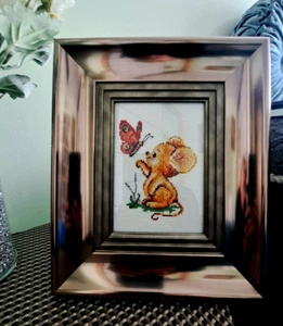 Finished Framed Cross Stitch Picture Lovely Butterfly Mouse Romantic Gift - Picture 1 of 4