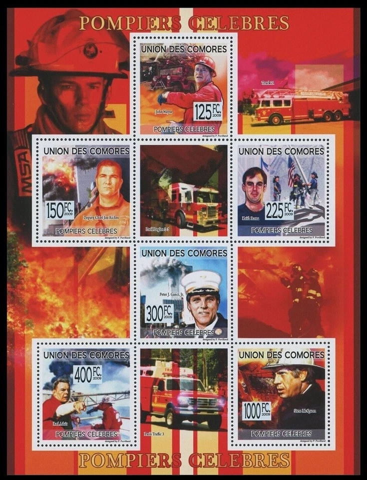Comoros 2009 MNH SS, Famous Firefighters, Celebrities, Special Transport   - Image 1 of 1