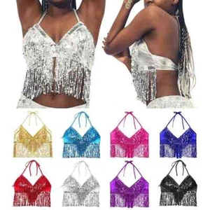 Sujetador halter con flecos de lentejuelas para danza del vientre para baile - Imagen 1 de 31