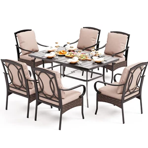 7 Piece Patio Dining Set Rattan Wicker Dining Chair & Table with Umbrella Hole - Picture 1 of 9