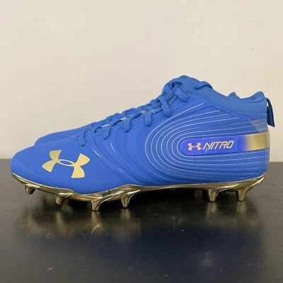 Size 17 Under Armour Nitro Mid MC Blue/Gold Football Cleats 3021427-406 - Image 1 of 4
