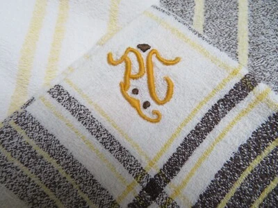 NAPPE BLANCHE granité de LIN rayé jaune/marron &12 SERVIETTES brodées PG VINTAGE - Photo 1/4