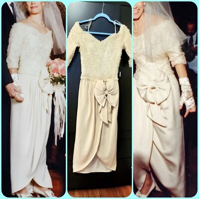 Маленький 2/4 тонкий слоновой кости свадебное платье шелк и кружева с золотой нитью + перчатки без недостатка - Изображение 1 из 4