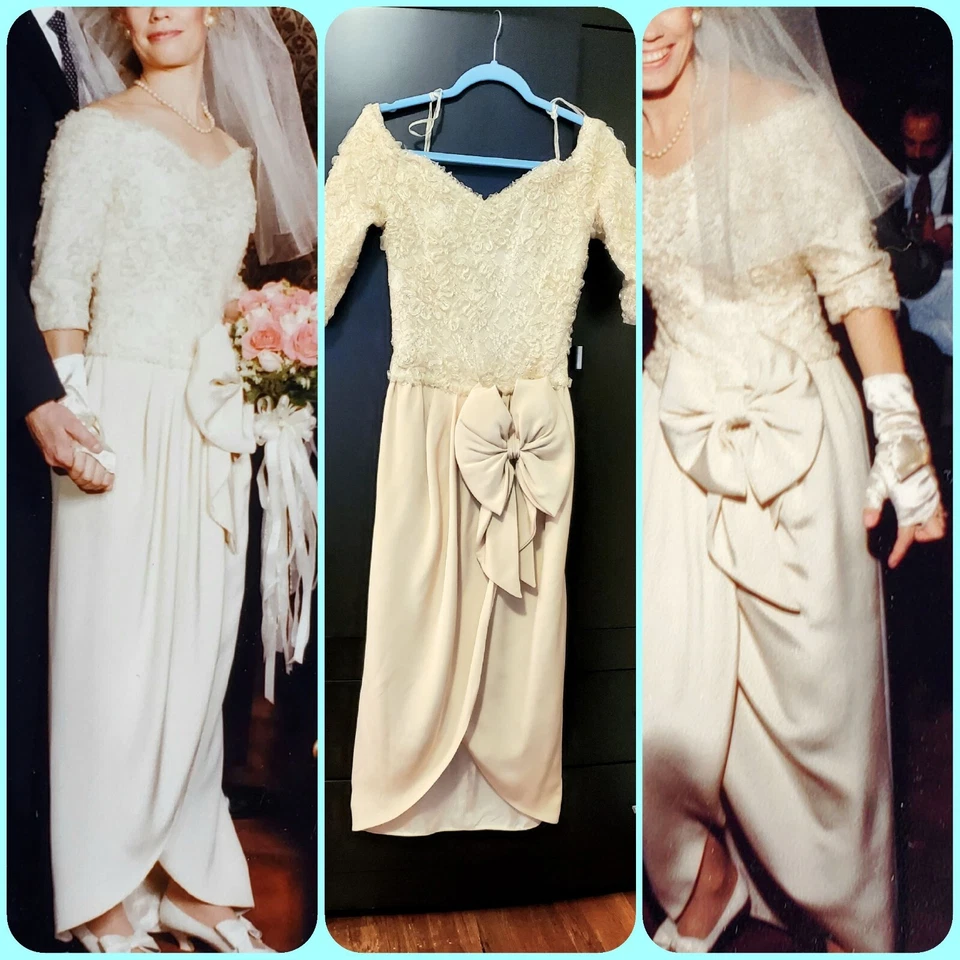 VESTIDO DE NOVIA PEQUEÑO 2/4 Slim Marfil Seda y Encaje con Hilo Dorado + Guantes Sin Defecto Foto 1 de 4