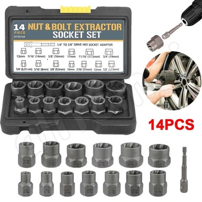 14PCS Impact Bolt & Nut Remover Set 3/8" Locking Wheel Damaged Nuts Extractor