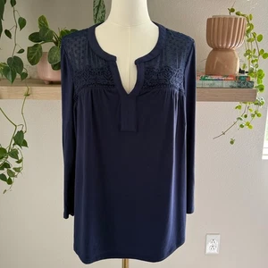 Daniel Rainn Anthropologie Navy Blue Sheer Yoke Long Sleeve Blouse Women M  - Picture 1 of 10