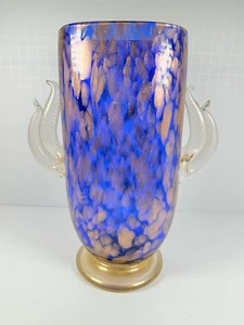 Vetro artistico soffiato a mano manici avventurina oro, base, vaso blu cobalto, alto 9" - Foto 1 di 11