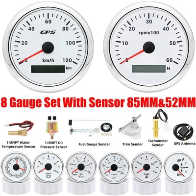 8 Gauge Set With Sensor 85mm White GPS Speedometer 0-120KM/H&Tacho 0-6000RPM - Image 1 of 4