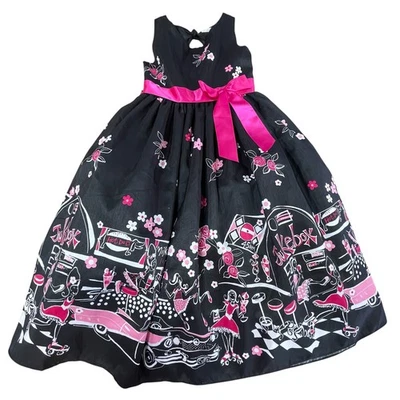 Vestido de Fiesta Floral Jukebox Años 50 Negro Rosa Niñas Ediciones Raras Talla 7 Foto 1 de 4