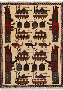 Lowest Price Hand Knotted Afghan USA War Guns Helicopters Wool Area Rug 3 x 2 Ft - Picture 1 of 3