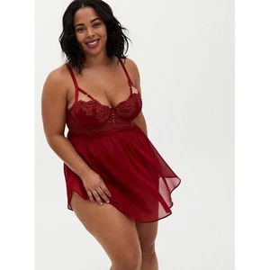 Torrid Curve Damen 0 0X plus Träger Lurex Spitze Babydoll Negligee dunkelrot sexy - Bild 1 von 10