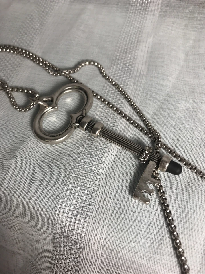 Chico's Long Necklace Metal Key Pendant Stylus Silver Tone Crystals