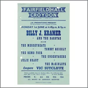 The Merseybeats Billy J Kramer Fairfield Hall Croydon 1964 Concert Handbill (UK) - Picture 1 of 1