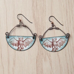 Handmade Rustic Copper Enamel Bat Boy Earrings Spooky Goth Halloween Artisan - Picture 1 of 11