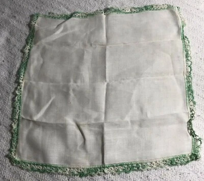 Vintage Ladies Handkerchief Green & White Crocheted Edge 11x11" Square Retro - Image 1 of 4