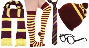 New Boy HP Yellow Striped Griffindor FancyDress Scarf Tie Socks Hat Glasses Wand - Picture 1 of 58