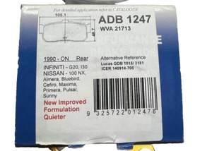 ADB REAR BRAKE PAD ADB1247 for NISSAN 1990-on BLUEBIRD CEFIRO MAXIMA PULSAR - Picture 1 of 4