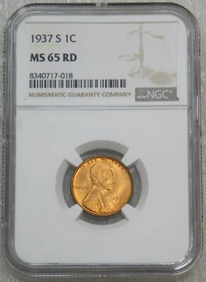 1937-S Lincoln Cent NGC MS65RD Full Red with Strong Luster #K278F - Image 1 of 4