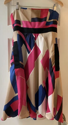 Vestido David Meister Vintage Colorido Geométrico Seda Sin Tirantes Cóctel Bolsillo 4 Foto 1 de 4