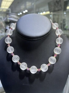 Vintage Fluted Quartz & Pink Tourmaline Bead Necklace With 14k Yellow Gold 16” - Picture 1 of 4