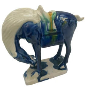 Chinese Tang Style Tri-Color Drip Glaze Ceramic War Horse Figurine Blue - Picture 1 of 5