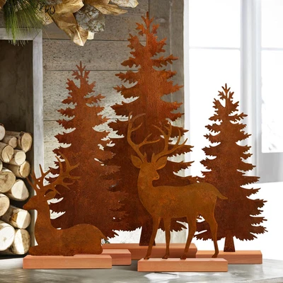 5 Set Metal Christmas Tree And Deer Tabletop Decor Rusty Steel Vintage Evergreen - Image 1 of 4