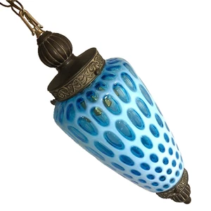 Vintage Fenton blau opalisierende Münze Punkte Hängelampe Glasschirm - Bild 1 von 17