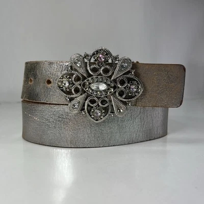 Wide Silver Genuine Leather Belt - Women's Size 36 - Image 1 of 4