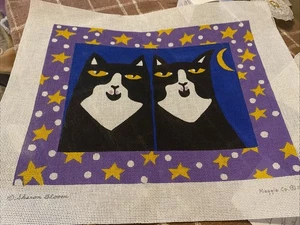 Maggie Co Handpainted Needlepoint Canvas 2 Cats Stars Big 1996 Black White New - Picture 1 of 5