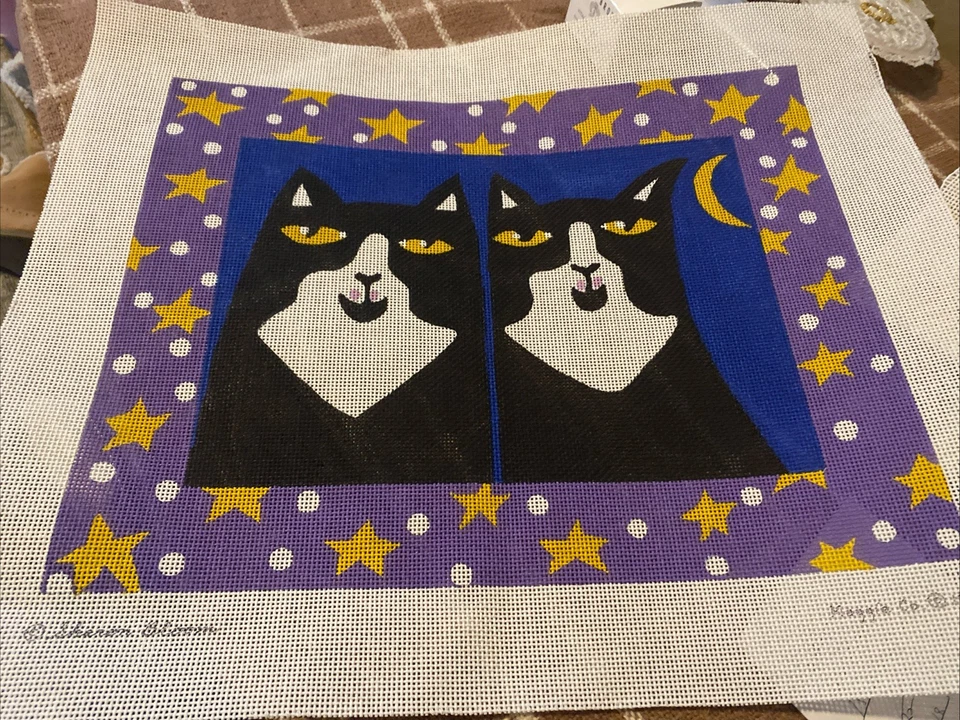 Maggie Co Handpainted Needlepoint Canvas 2 Cats Stars Big 1996 Black White New - Image 1 of 4