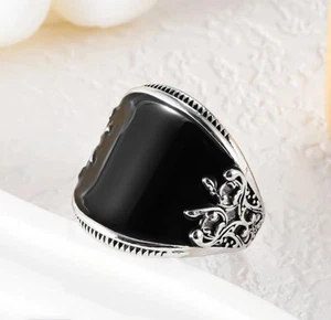 Black Bohemian Carved Ring – Elegant Silver Toned Womans Ring - Picture 1 of 6