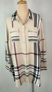 John Mark Burberry Nova Check Plaid Fringe Trim Long Sleeve Tunic Top Shirt L - Picture 1 of 6